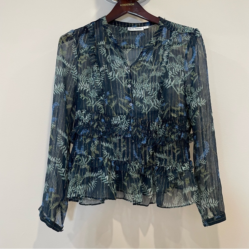 EUC Roller Rabbit Silk Floral Top with Shimmery Gold Stripes